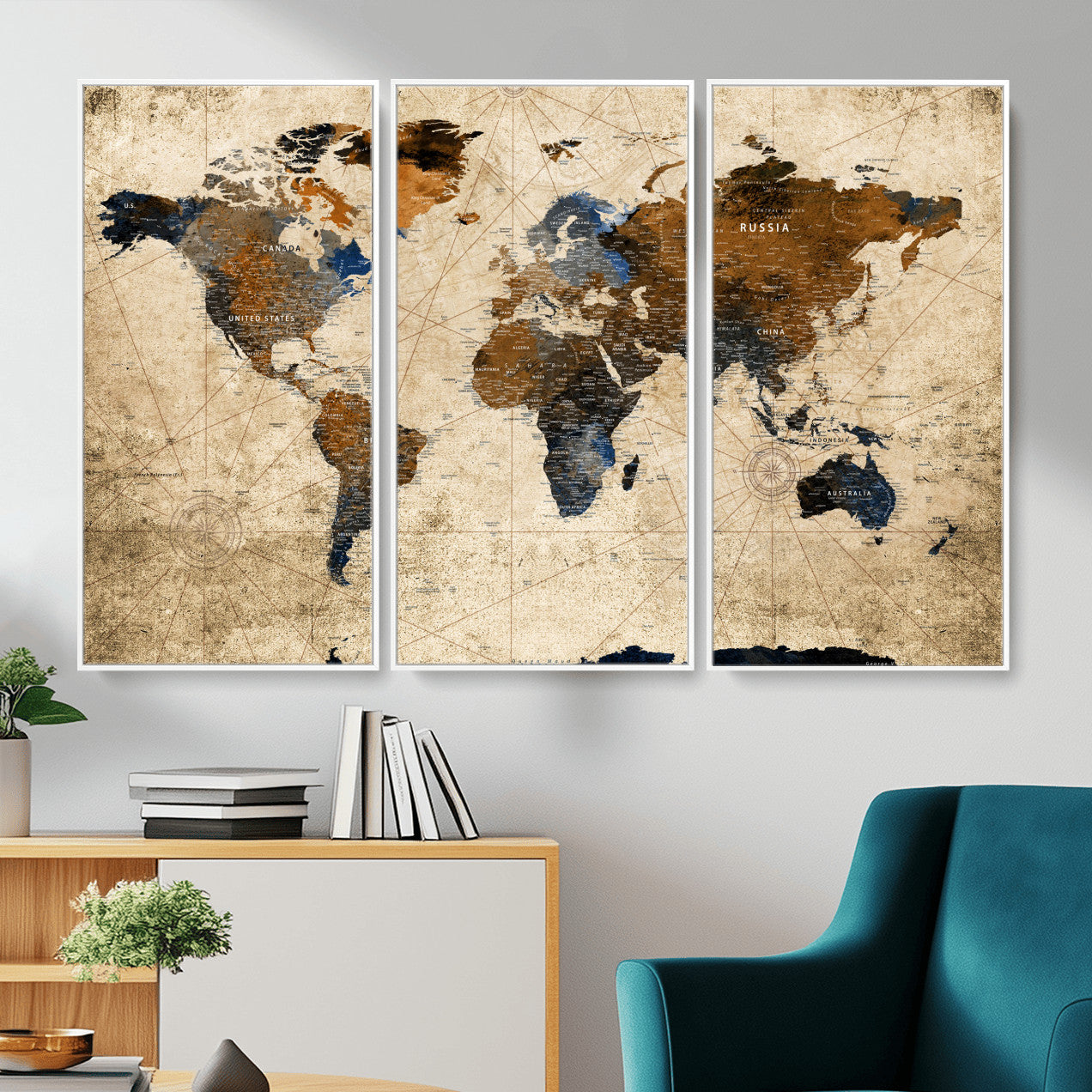 56297284-MGV-FC-48X32-3P - World Map Wall Art Canvas Print, Modern Decorative Framed Map Artwork Prints for Living Room, Office, Bedroom Wall Decor