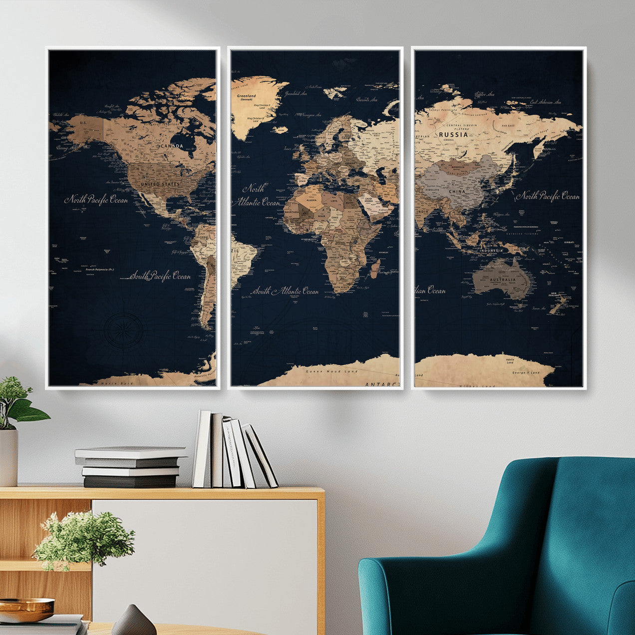 53971530-MGV-CV-36X24 - World Map Wall Art Canvas Print, Modern Decorative Framed Map Artwork Prints for Living Room, Office, Bedroom Wall Decor
