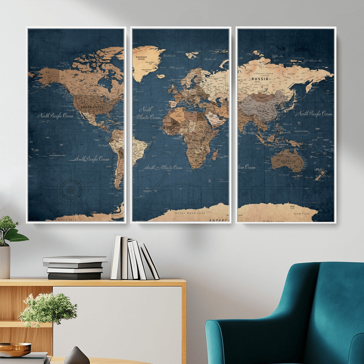 69886352-MGV-CV-36X24 - World Map Wall Art Canvas Print, Modern Decorative Framed Map Artwork Prints for Living Room, Office, Bedroom Wall Decor