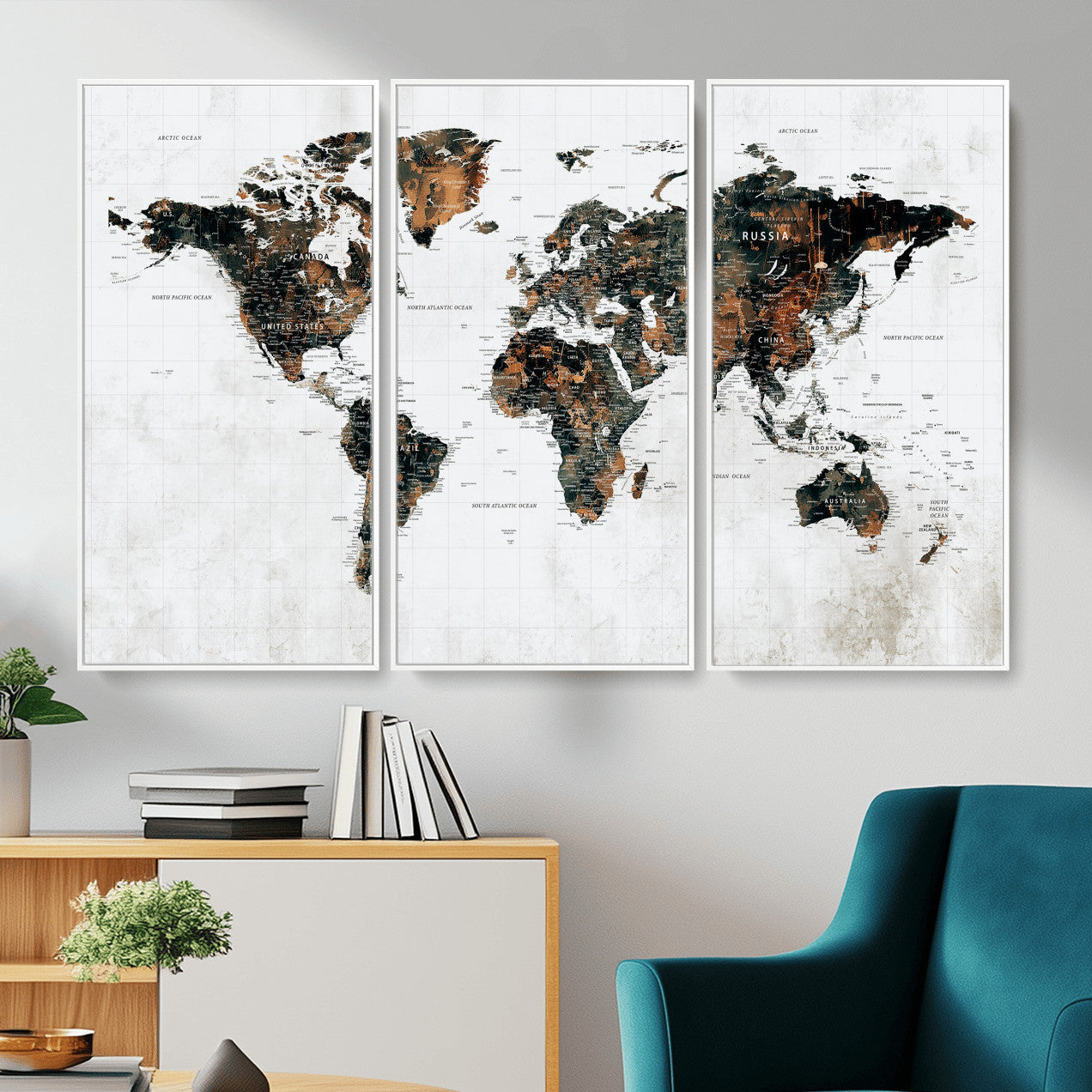 60008766-MGV-CV-36X24 - World Map Wall Art Canvas Print, Modern Decorative Framed Map Artwork Prints for Living Room, Office, Bedroom Wall Decor