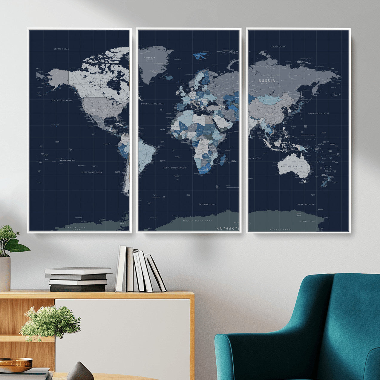 17712680-MGV-CV-36X24 - World Map Wall Art Canvas Print, Modern Decorative Framed Map Artwork Prints for Living Room, Office, Bedroom Wall Decor