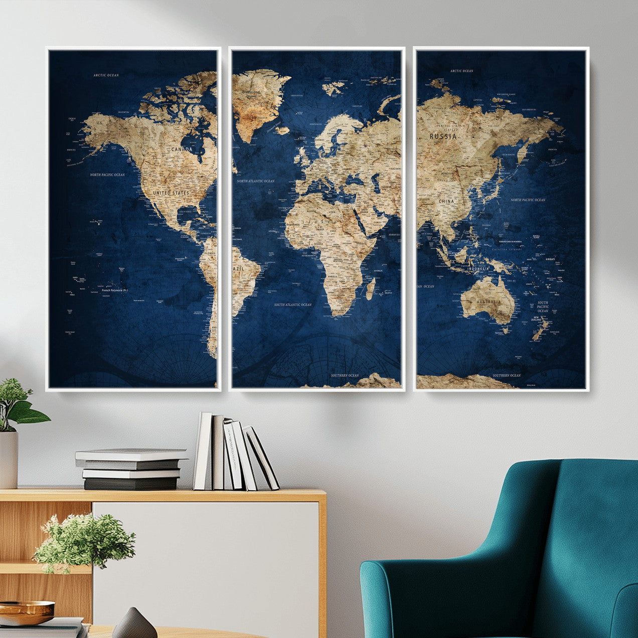 57503519-MGV-CV-36X24 - World Map Wall Art Canvas Print, Modern Decorative Framed Map Artwork Prints for Living Room, Office, Bedroom Wall Decor