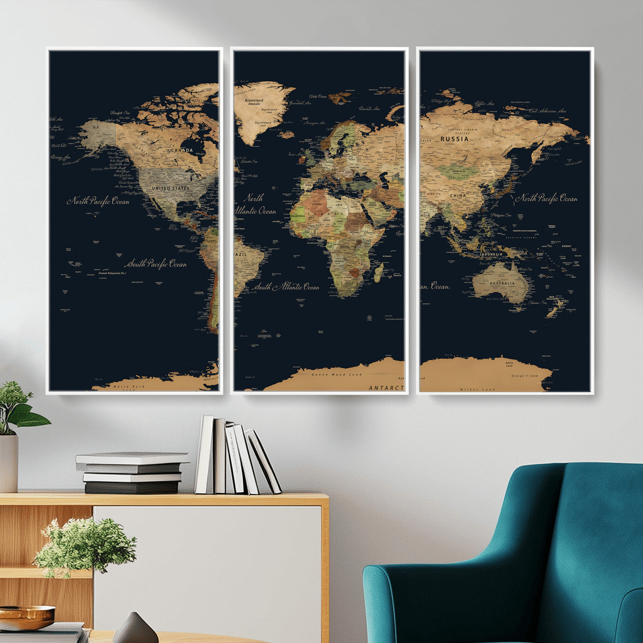 94449133-MGV-CV-36X24 - World Map Wall Art Canvas Print, Modern Decorative Framed Map Artwork Prints for Living Room, Office, Bedroom Wall Decor