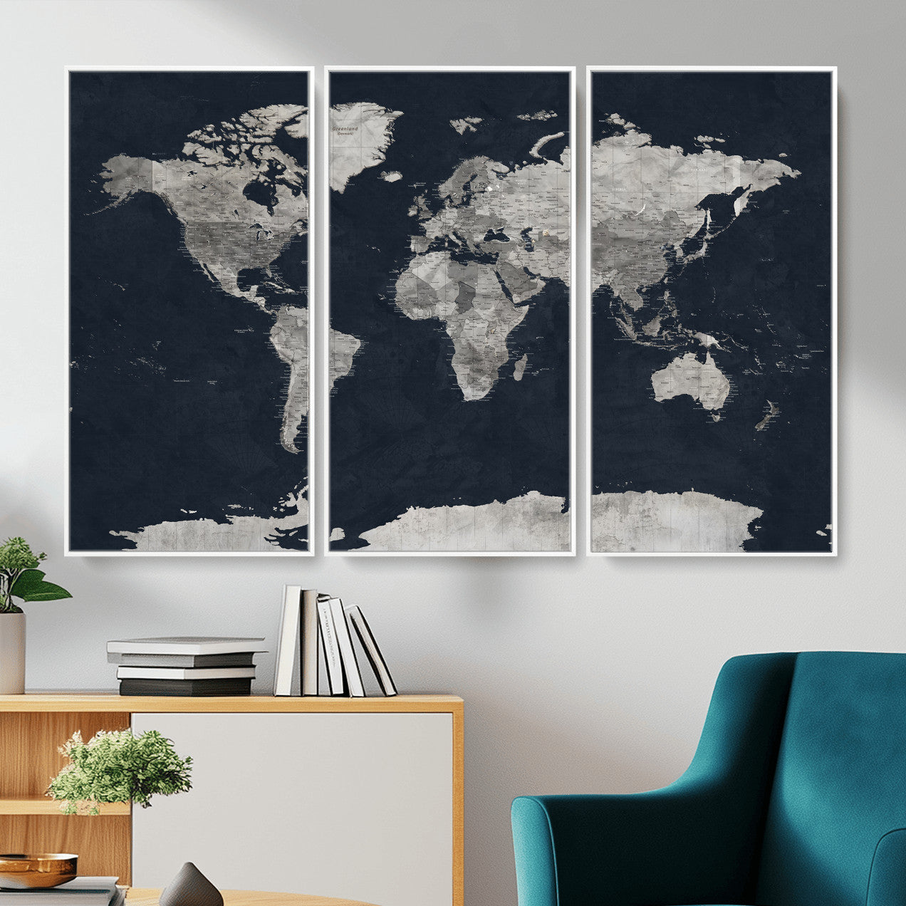 53886659-MGV-CV-36X24 - World Map Wall Art Canvas Print, Modern Decorative Framed Map Artwork Prints for Living Room, Office, Bedroom Wall Decor