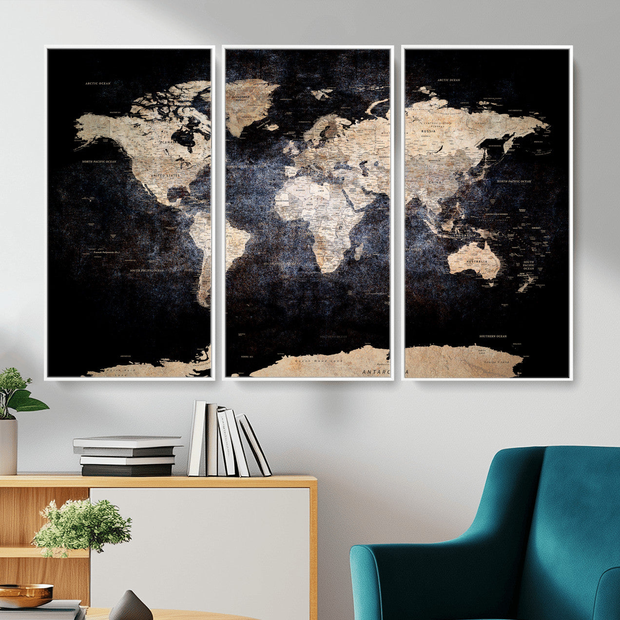 56713386-MGV-CV-36X24 - World Map Wall Art Canvas Print, Modern Decorative Framed Map Artwork Prints for Living Room, Office, Bedroom Wall Decor