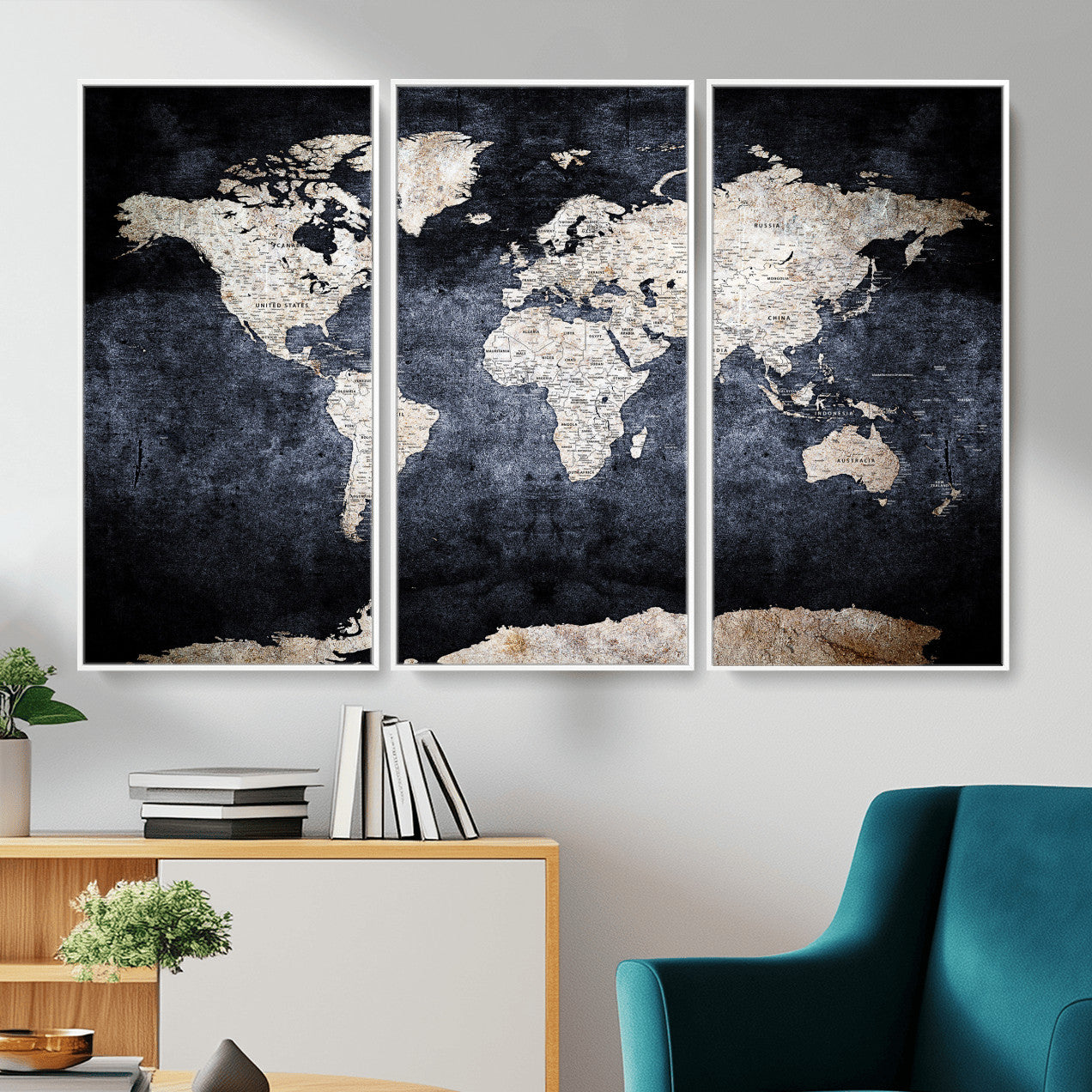 41193404-MGV-CV-36X24 - World Map Wall Art Canvas Print, Modern Decorative Framed Map Artwork Prints for Living Room, Office, Bedroom Wall Decor