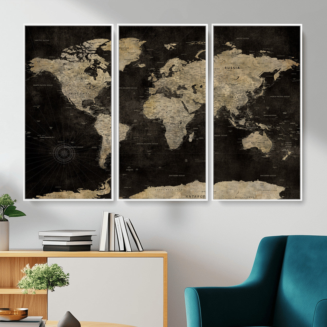 60653880-MGV-CV-36X24 - World Map Wall Art Canvas Print, Modern Decorative Framed Map Artwork Prints for Living Room, Office, Bedroom Wall Decor