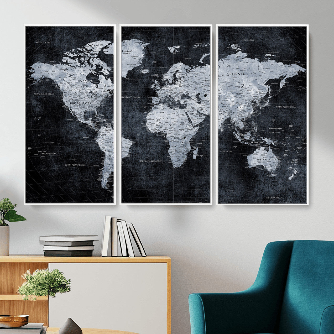86893704-MGV-CV-36X24 - World Map Wall Art Canvas Print, Modern Decorative Framed Map Artwork Prints for Living Room, Office, Bedroom Wall Decor