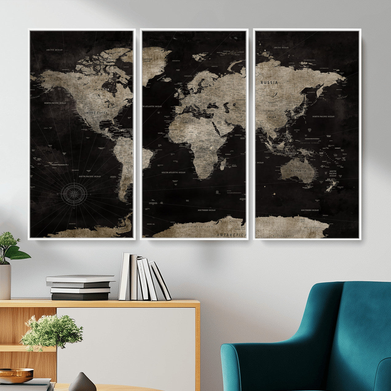 56225956-MGV-CV-36X24 - World Map Wall Art Canvas Print, Modern Decorative Framed Map Artwork Prints for Living Room, Office, Bedroom Wall Decor