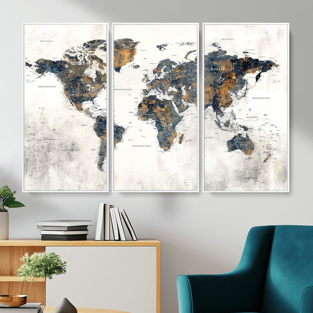 52451147-MGV-CV-36X24 - World Map Wall Art Canvas Print, Modern Decorative Framed Map Artwork Prints for Living Room, Office, Bedroom Wall Decor