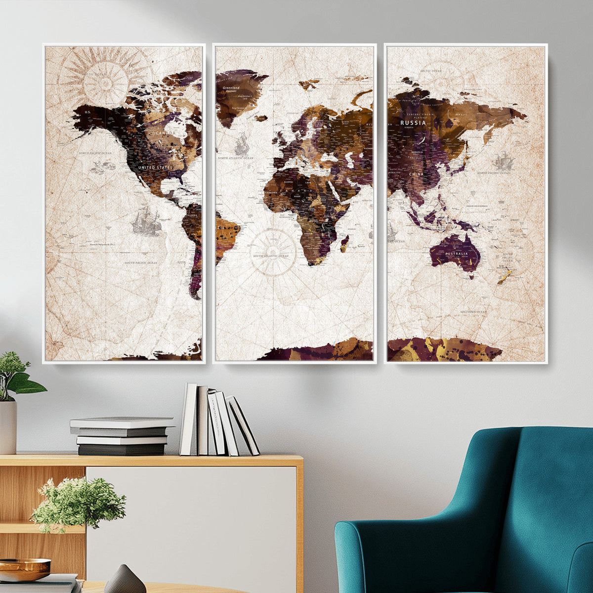 53400857-MGV-CV-36X24 - Blue Watercolor World Map Canvas Print – Framed Modern Wall