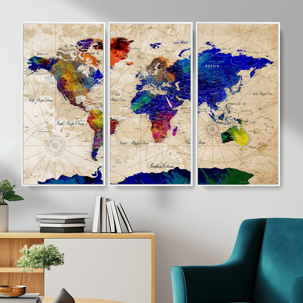 26284075-MGV-CV-36X24 - World Map Wall Art Canvas Print, Modern Decorative Framed Map Artwork Prints for Living Room, Office, Bedroom Wall Decor