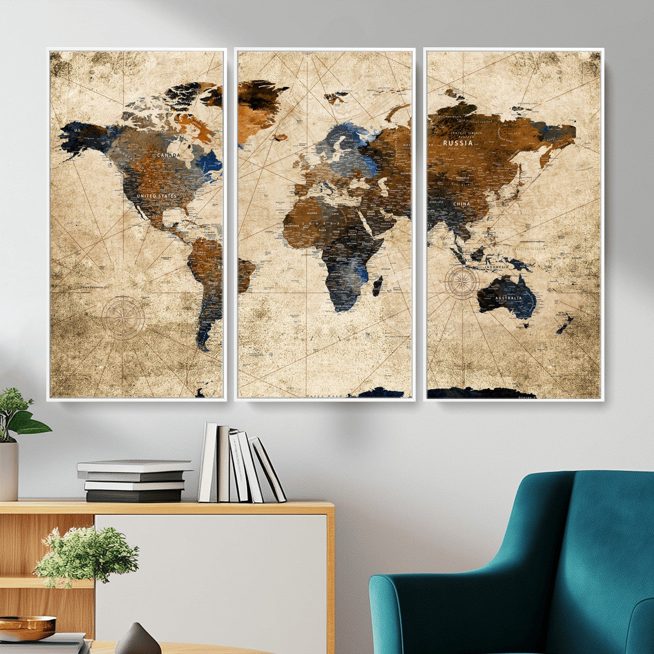 27163414-MGV-CV-36X24 - World Map Wall Art – Rustic Earth Tone Canvas Print, Antique Travel Map Design for Living Room, Office or Study, Classic Adventure Decor