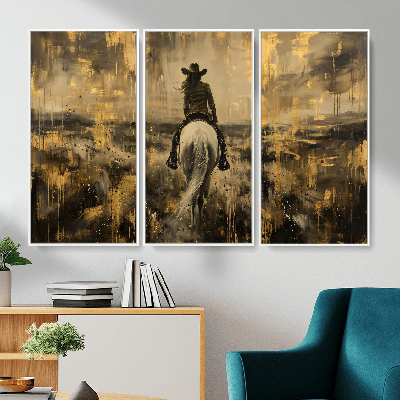 20465530-MGV-CV-36X24 - Cowgirl Wall Art Canvas Print, Western Horse Rider Wall Art, Framed Wall Art Ready to Hang