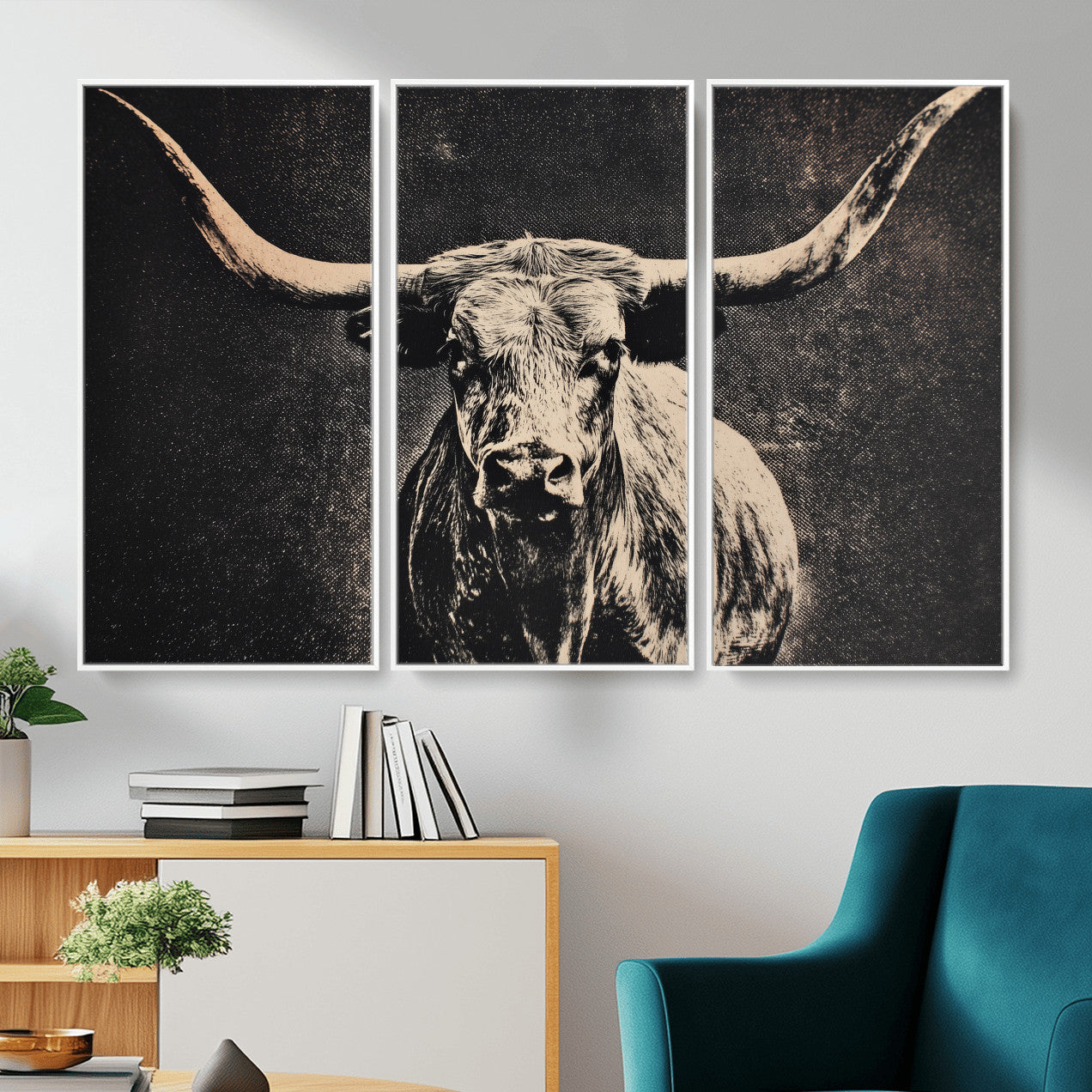 27394218-MGV-CV-36X24 - Vintage Texas Longhorn Bull Wall Art Canvas Print, Cow Portrait Photography Print, Framed Wall Art Ready to Hang