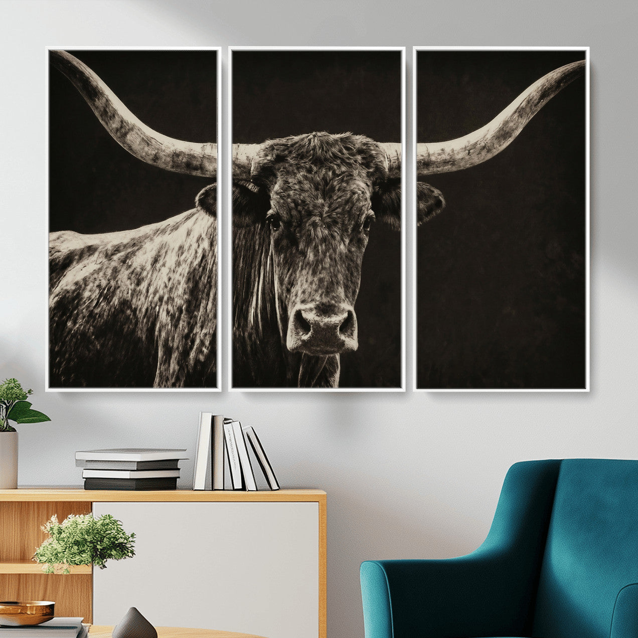 74513721-MGV-CV-36X24 - Vintage Texas Longhorn Bull Wall Art Canvas Print, Cow Portrait Photography Print, Framed Wall Art Ready to Hang