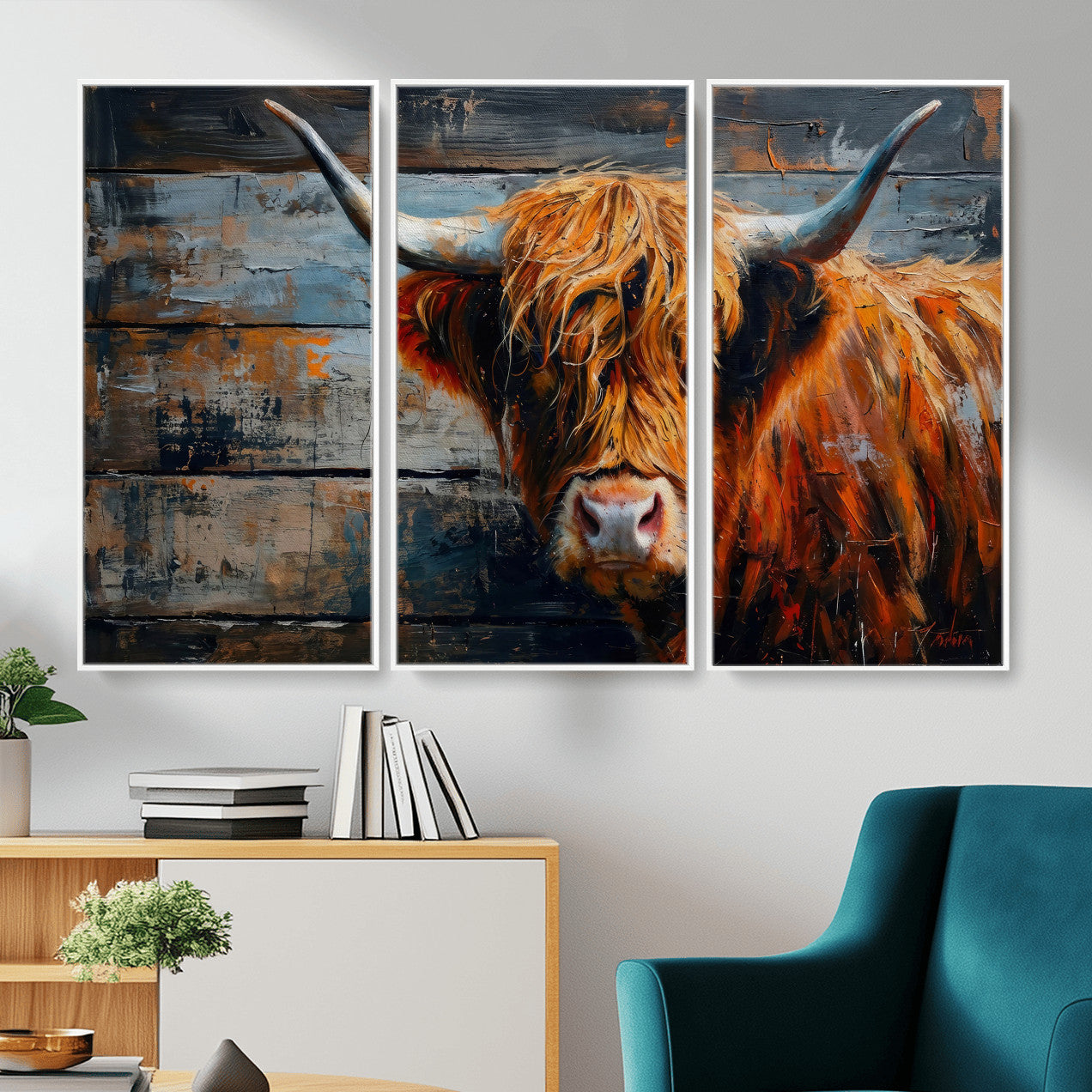 90271423-MGV-CV-36X24 - Highland Cow Wall Art Canvas Print, Abstract Rustic Farm Animal Wall Art Print, Framed Wall Art Ready to Hang