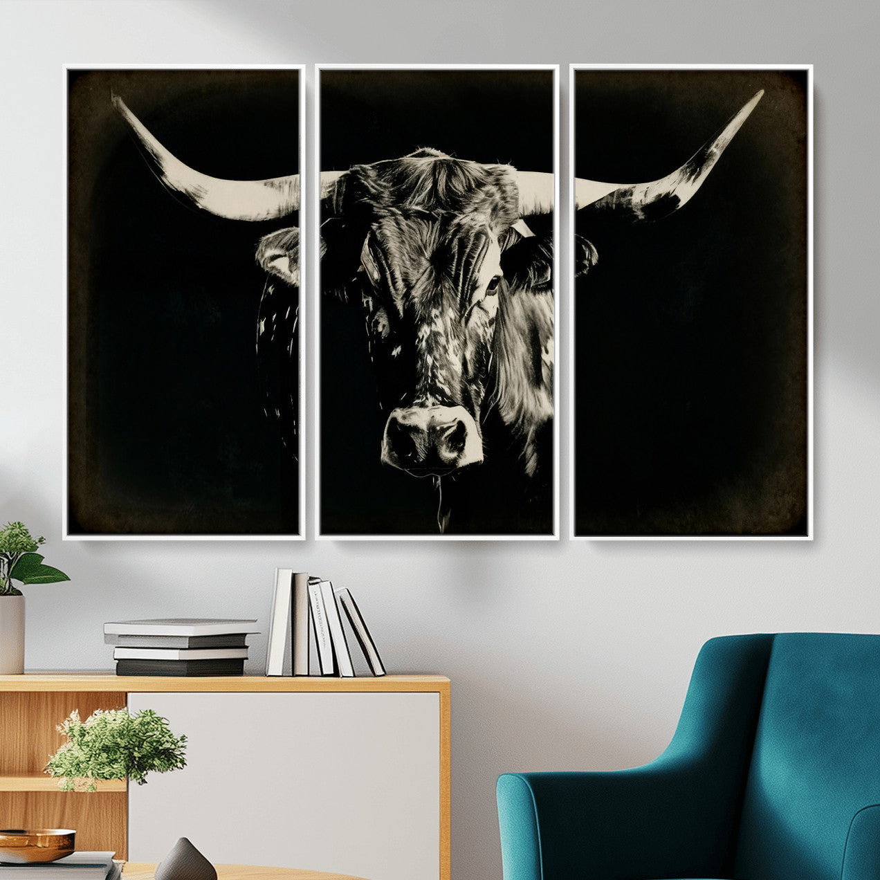 91364114-MGV-CV-36X24 - Black Bull Wall Art Canvas Print, Texas Longhorn Portrait Print, Framed Wall Art Ready to Hang