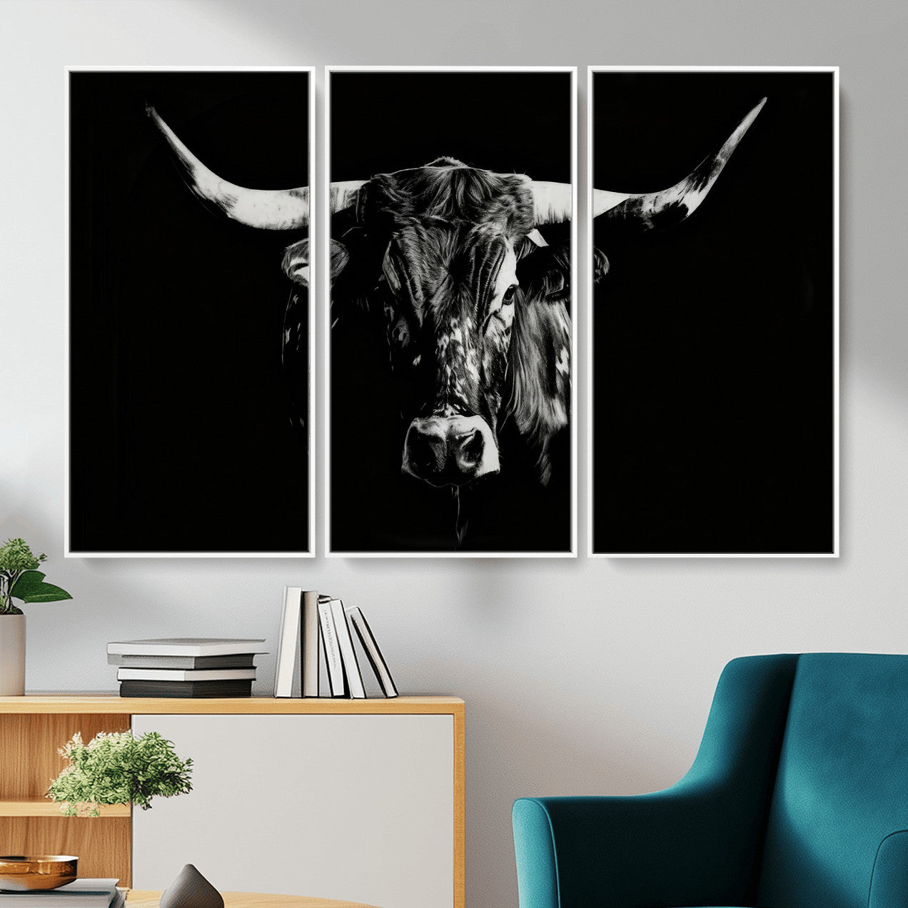 21436434-MGV-CV-36X24 - Black Bull Wall Art Canvas Print, Dark Longhorn Portrait Photography, Framed Wall Art Ready to Hang