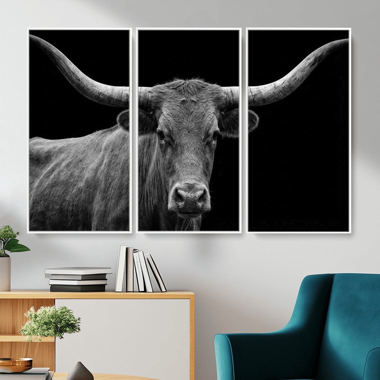 32601430-MGV-CV-36X24 - Texas Longhorn Bull Wall Art Canvas Print, Cow Portrait Photography, Framed Wall Art Ready to Hang