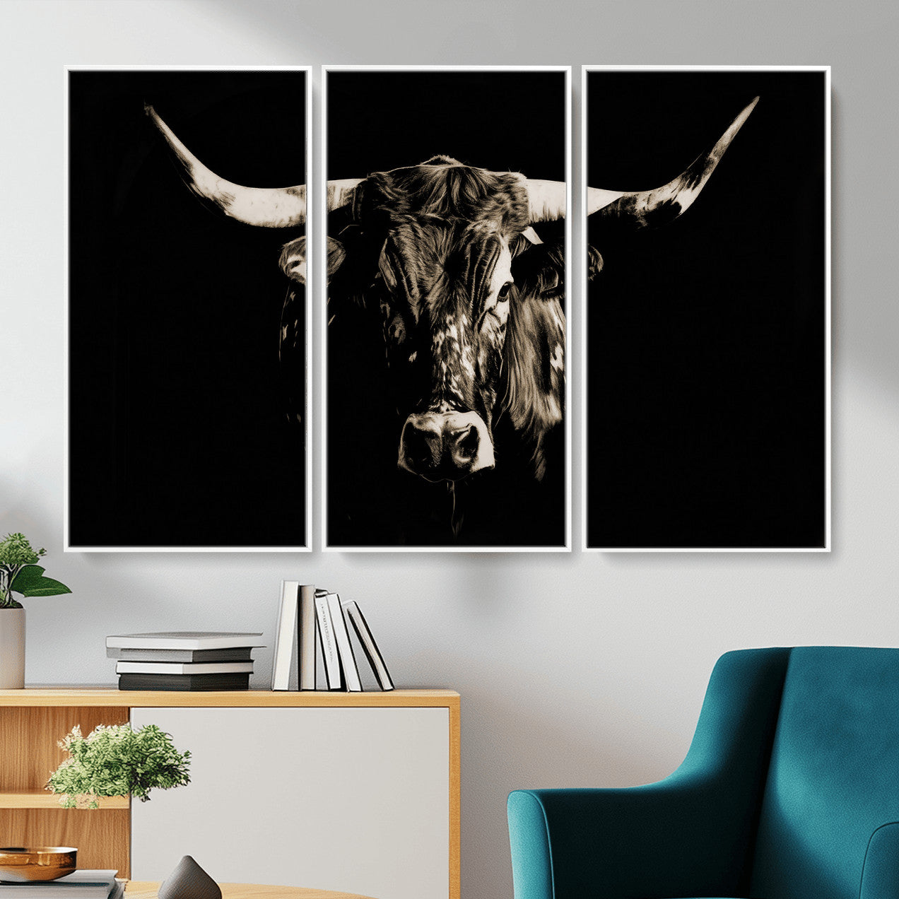 75774468-MGV-CV-36X24 - Black Bull Wall Art Canvas Print, Dark Longhorn Portrait Photography, Framed Wall Art Ready to Hang