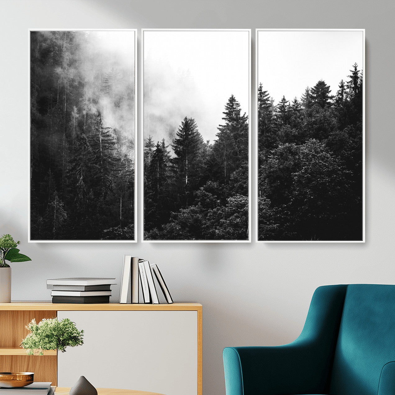 98764151-MGV-CV-36X24 - Black and White Forest Wall Art Canvas Print, Misty Pine Tree Landscape Photography, Framed Wall Art Ready to Hang