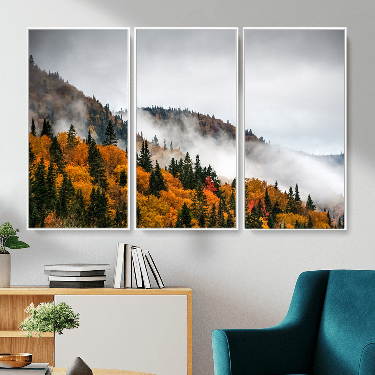 93581632-MGV-CV-36X24 - Autumn Forest Wall Art Canvas Print, Foggy Mountain Landscape Nature Photography, Framed Wall Art Ready to Hang