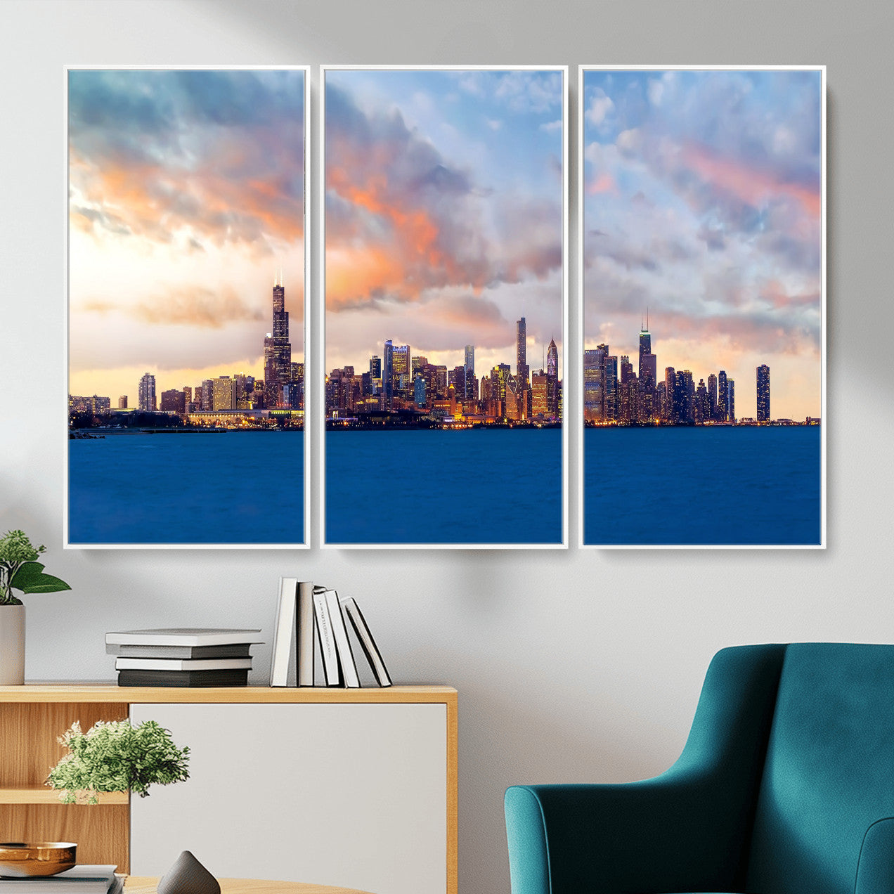 34667960-MGV-CV-36X24 - Chicago Wall Art Canvas Print, Chicago City Downtown Night Cityscape Print for Modern Urban Wall Decor