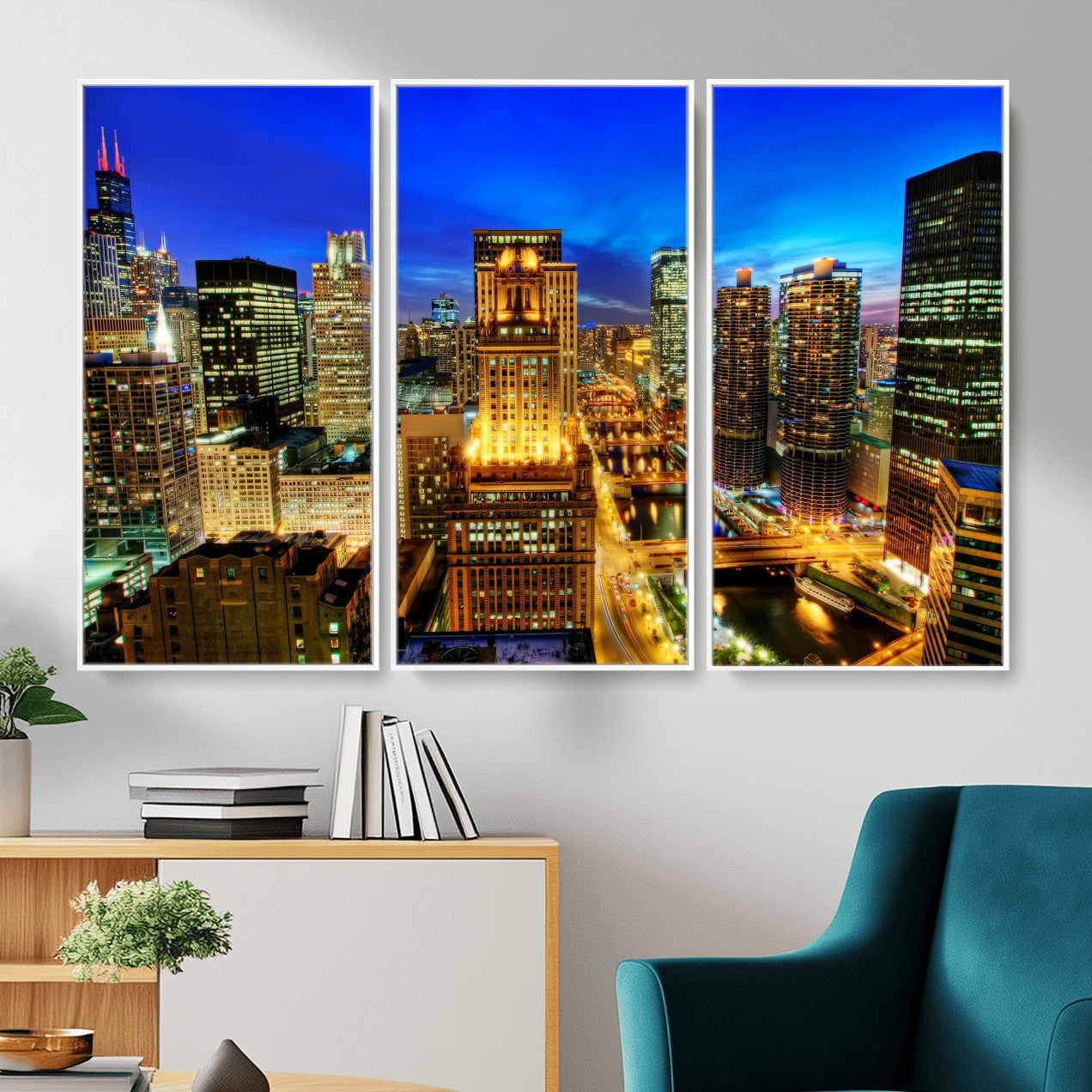 46298885-MGV-CV-36X24 - Chicago Wall Art Canvas Print, Chicago City Downtown Night Cityscape Print for Modern Urban Wall Decor