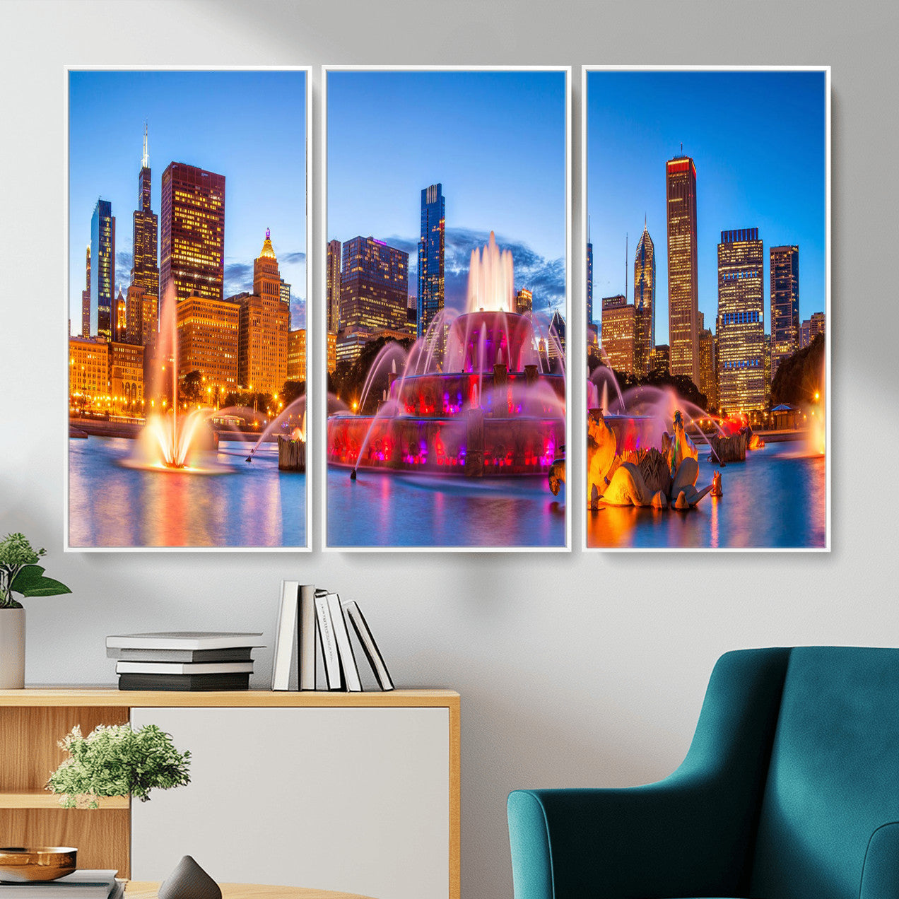 20251989-MGV-CV-36X24 - Chicago Wall Art Canvas Print, Chicago City Downtown Night Cityscape Print for Modern Urban Wall Decor