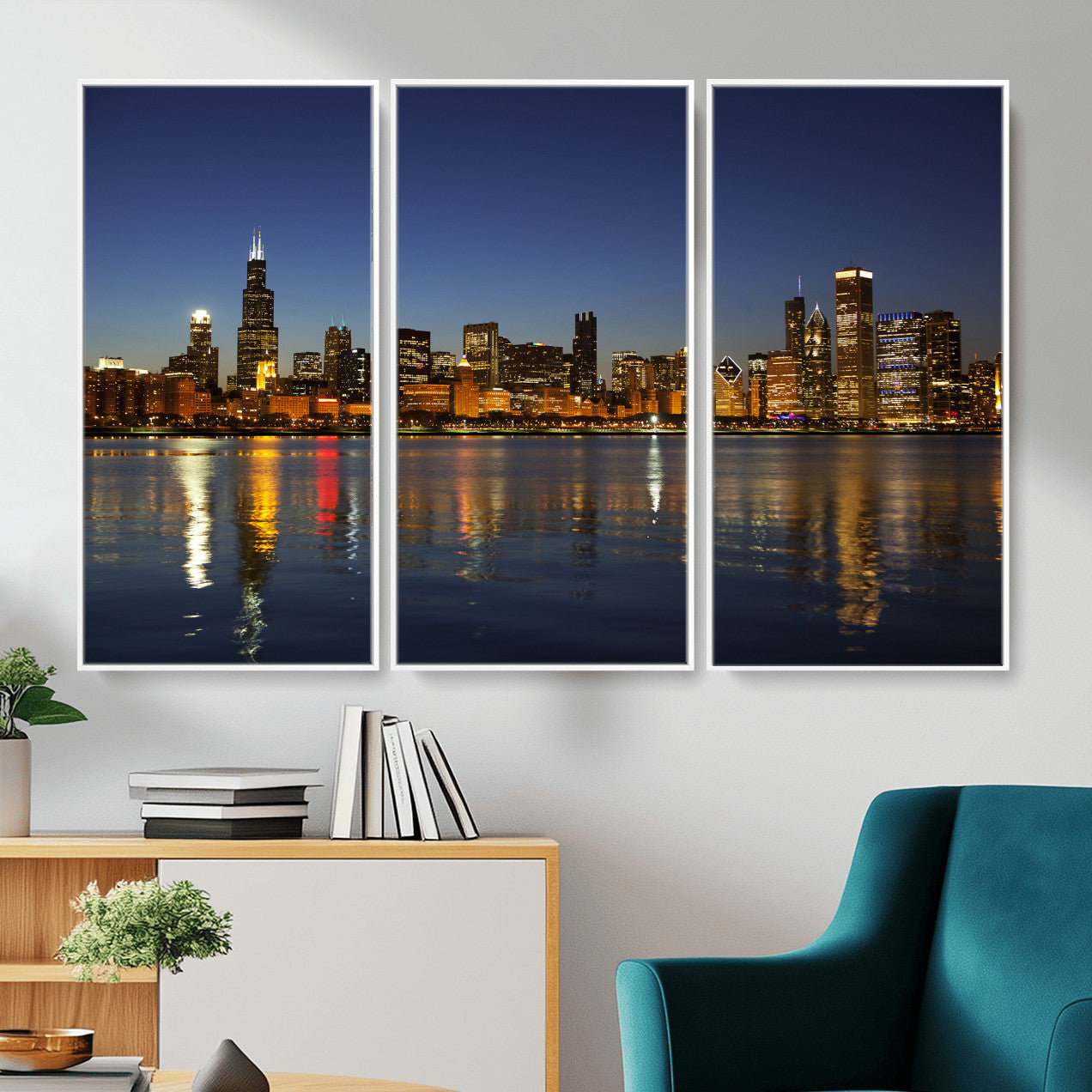 67308035-MGV-CV-36X24 - Chicago Wall Art Canvas Print, Chicago City Downtown Night Cityscape Print for Modern Urban Wall Decor