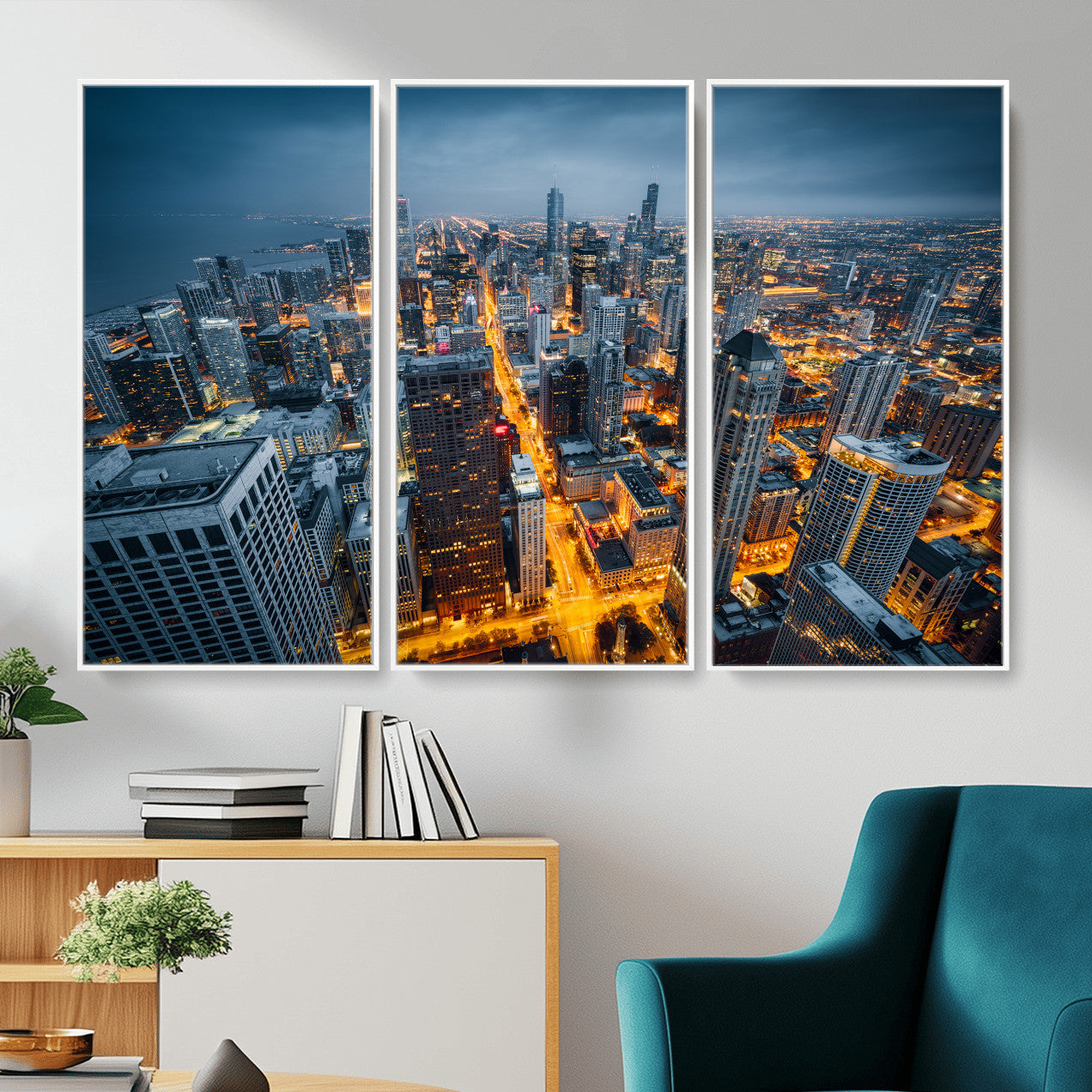 81742538-MGV-CV-36X24 - Chicago Wall Art Canvas Print, Chicago City Downtown Night Cityscape Print for Modern Urban Wall Decor