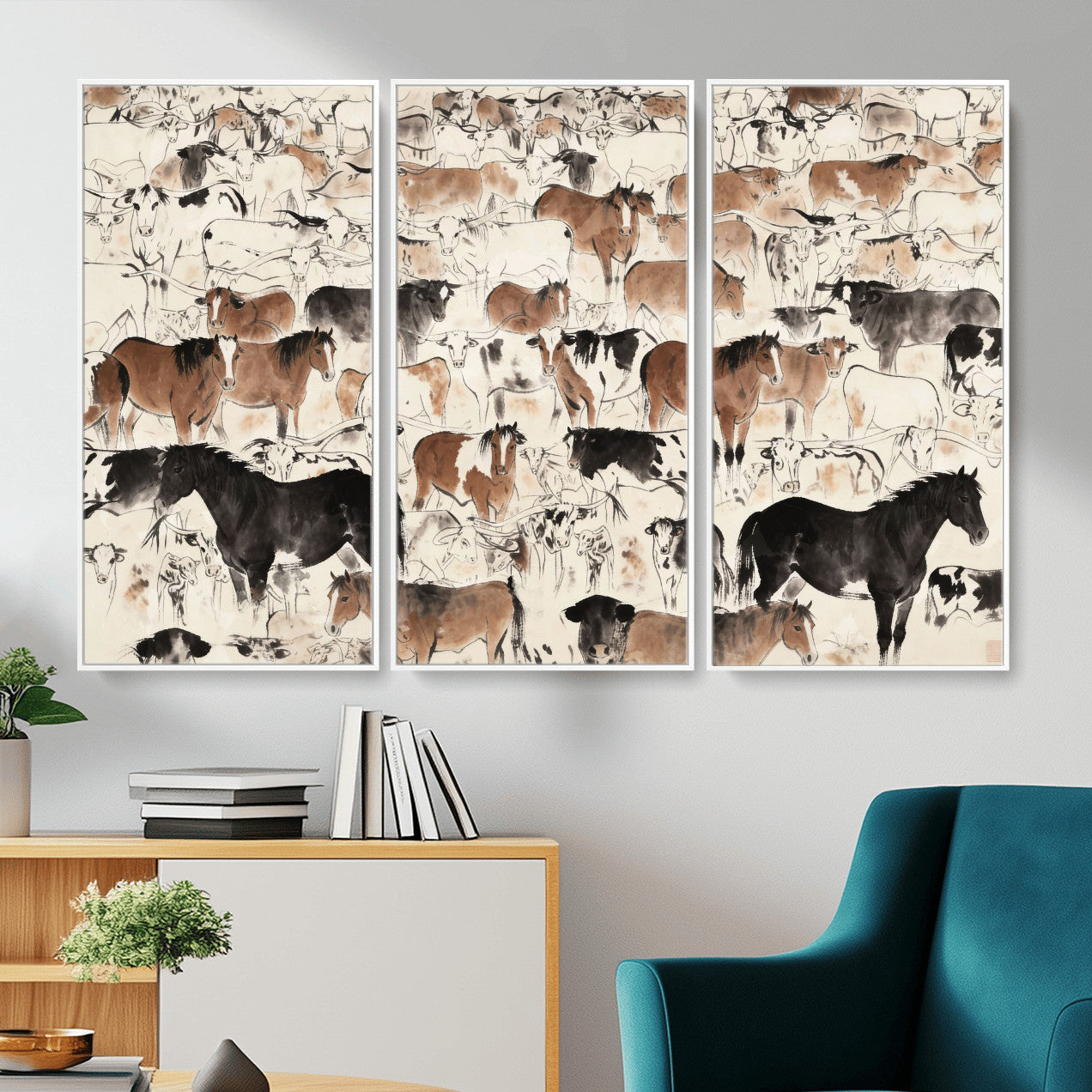 74171578-MGV-CV-36X24 - Farmhouse Animals Wall Art Canvas Print - Abstract Farm Animal Drawing Mid-Century Wall Art for Cabin Decor