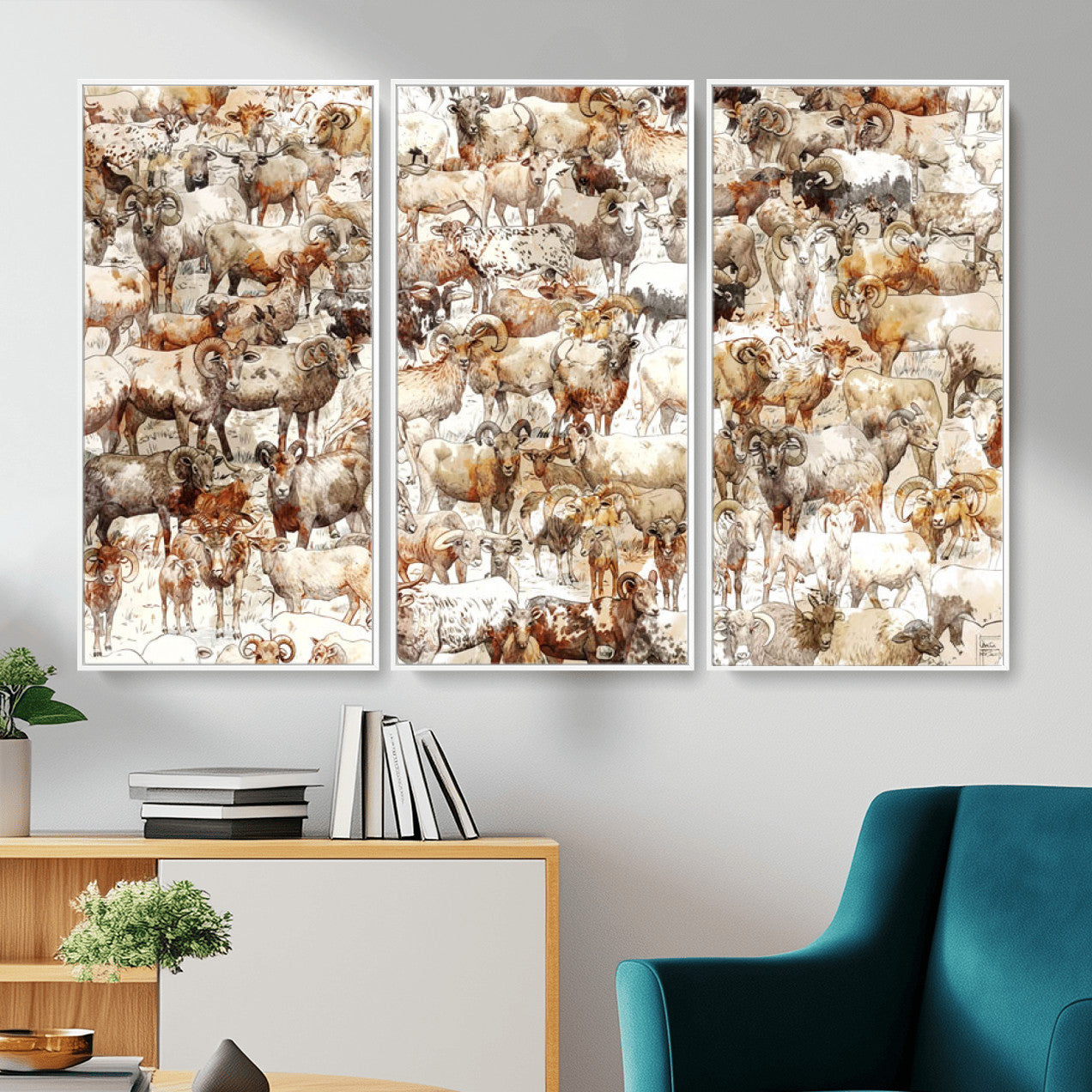 95103864-MGV-CV-36X24 - Farmhouse Animals Wall Art Canvas Print - Abstract Farm Animal Drawing Mid-Century Wall Art for Cabin Decor