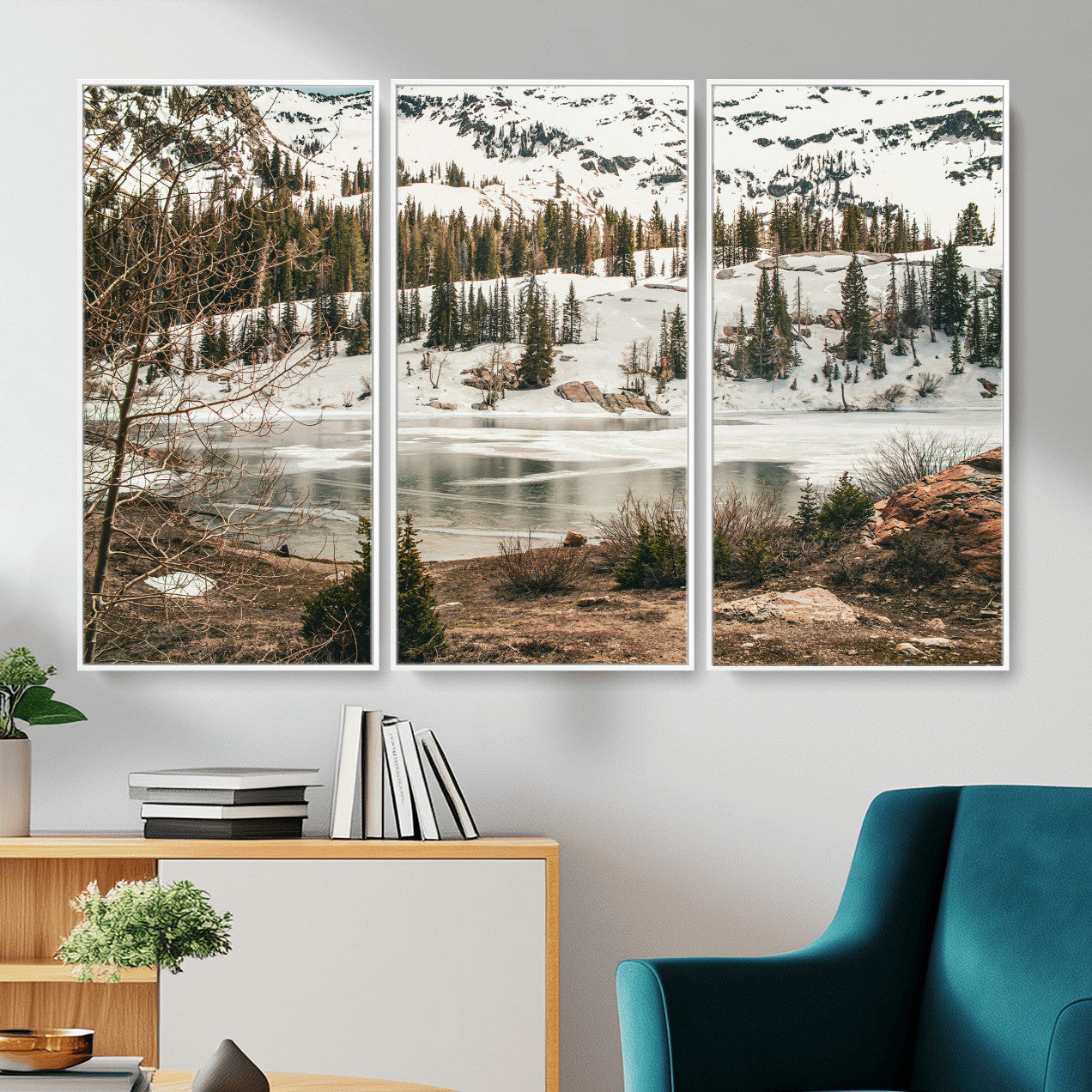 10336249-MGV-CV-36X24 - Snowy Mountain Landscape Wall Art Canvas Print, Alpine Pine Forest Winter Nature Wall Decor for Living Room and Office