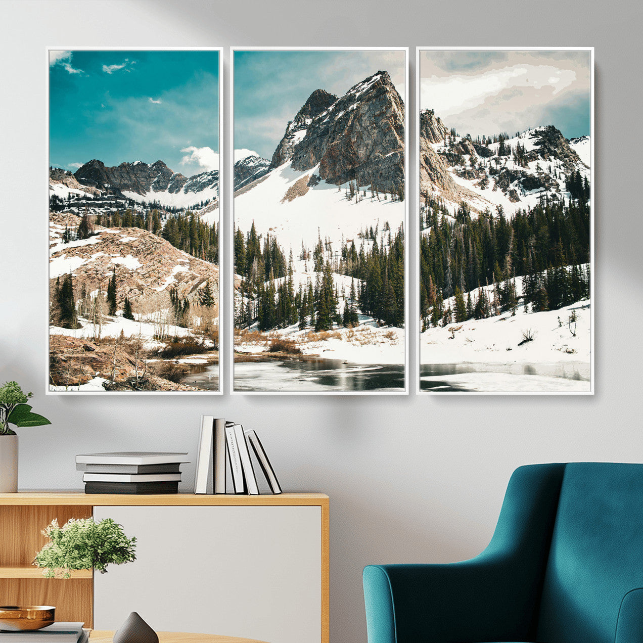 56837070-MGV-CV-36X24 - Snowy Mountain Landscape Wall Art Canvas Print, Alpine Pine Forest Winter Nature Wall Decor for Living Room and Office