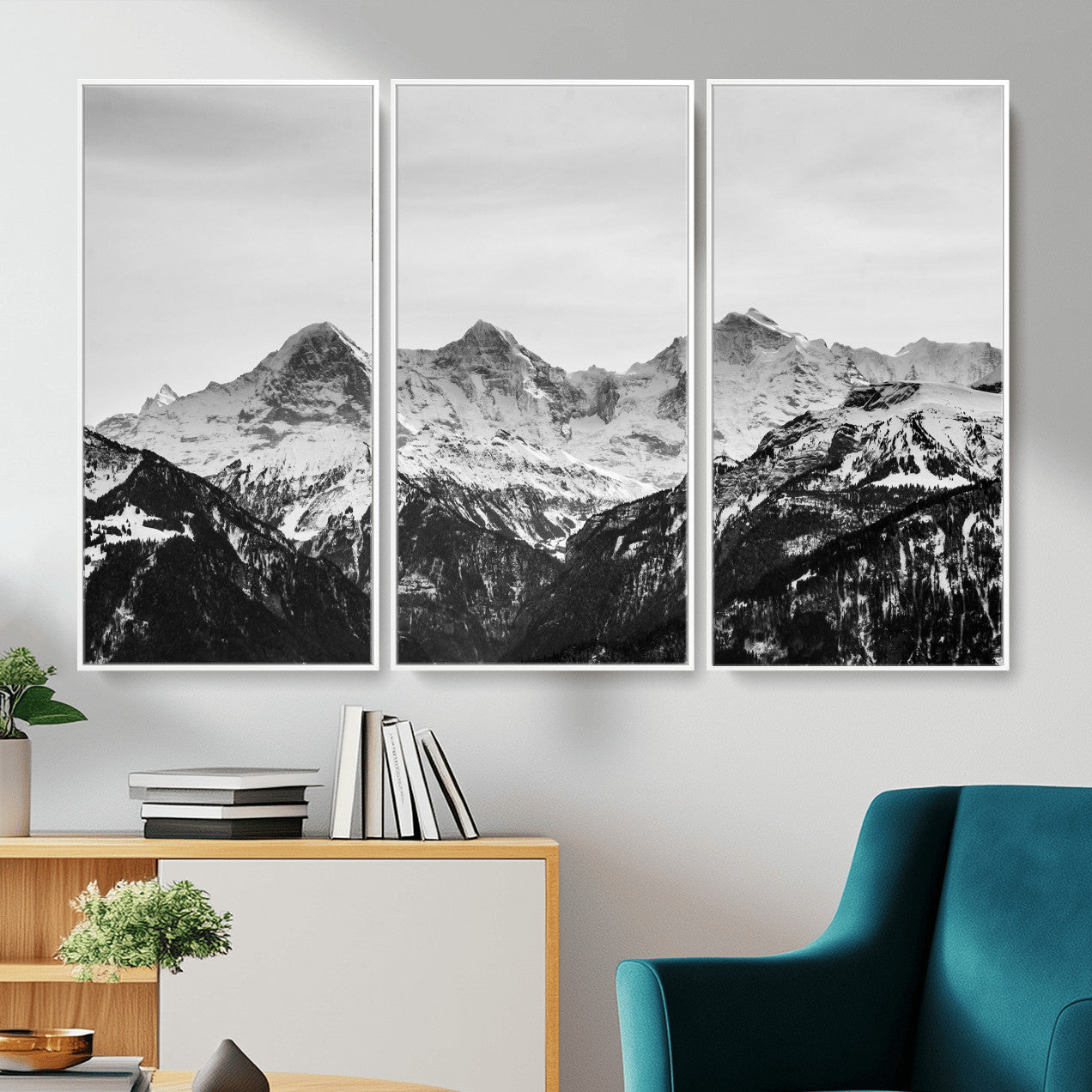 85684934-MGV-CV-36X24 - Black and White Mountain Wall Art Canvas Print, Snowy Alpine Peaks Landscape Photography, Minimal Monochrome Mountain Art, Scenic Nature Wall Decor