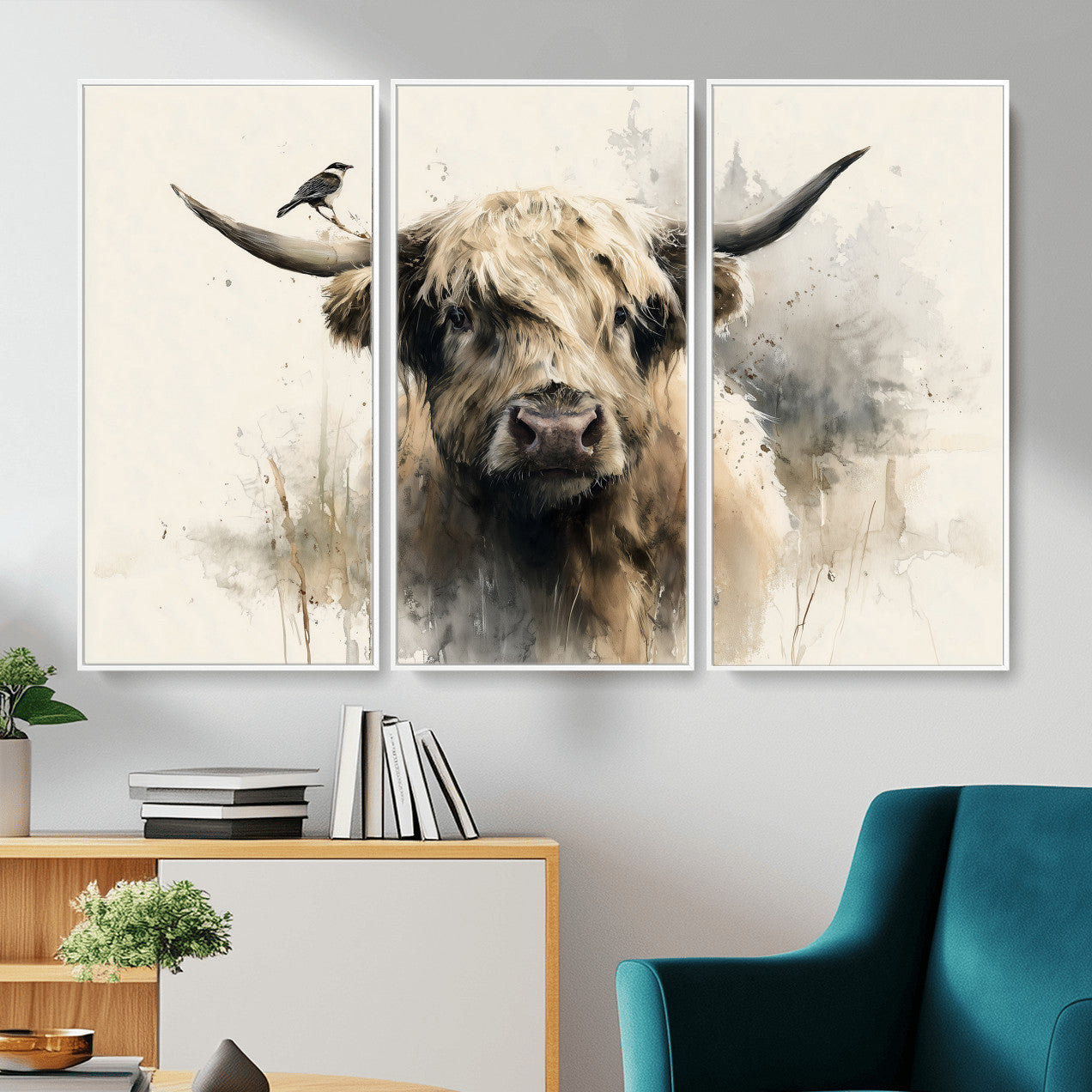 98249290-MGV-CV-36X24 - Abstract Highland Cow Watercolor Animal Wall Art Canvas Print, Rustic Farm Cattle Portrait Canvas Print, Neutral Wildlife Farmhouse Art Printing