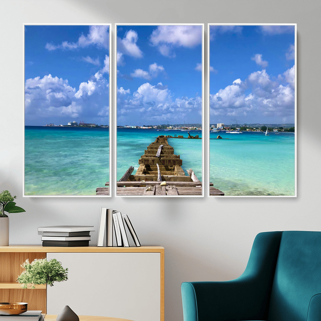 43165024-MGV-CV-36X24 - Caribbean Ocean Pier Seascape Wall Art Canvas Print, Turquoise Sea Tropical Harbor Canvas Print, Island Coastal Blue Water Scenic Art Printing