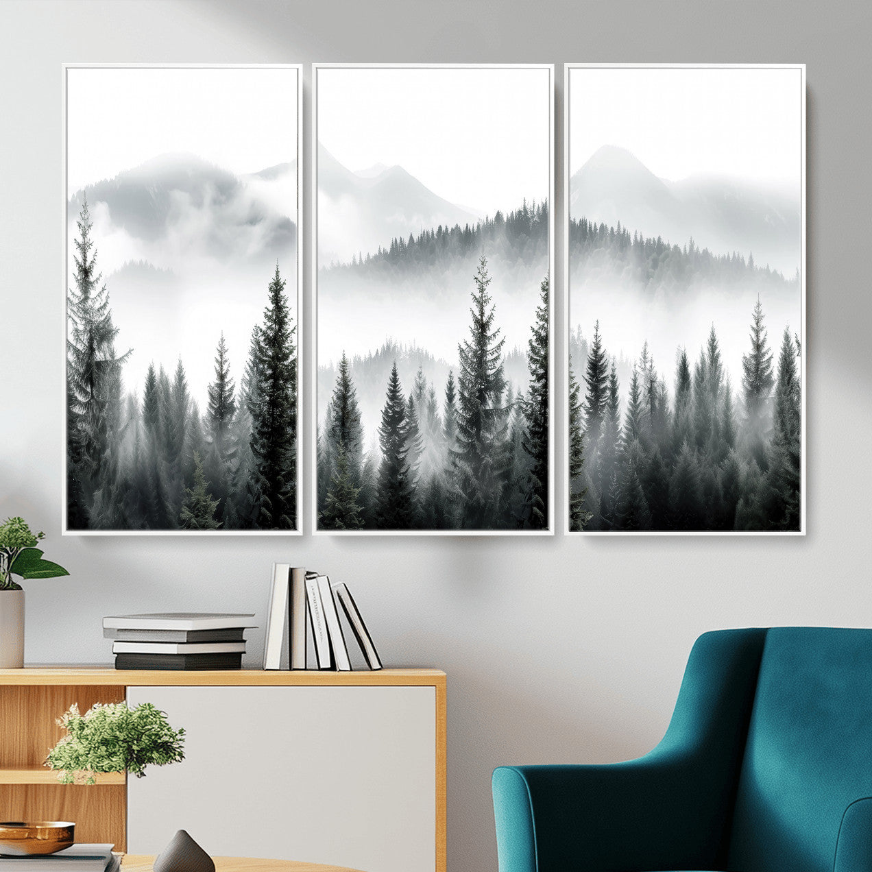 38819032-MGV-CV-36X24 - Misty Pine Forest Mountain Landscape Wall Art Canvas Print, Foggy Evergreen Trees Minimal Nature Canvas Print, Monochrome Wilderness Scenic Art Printing