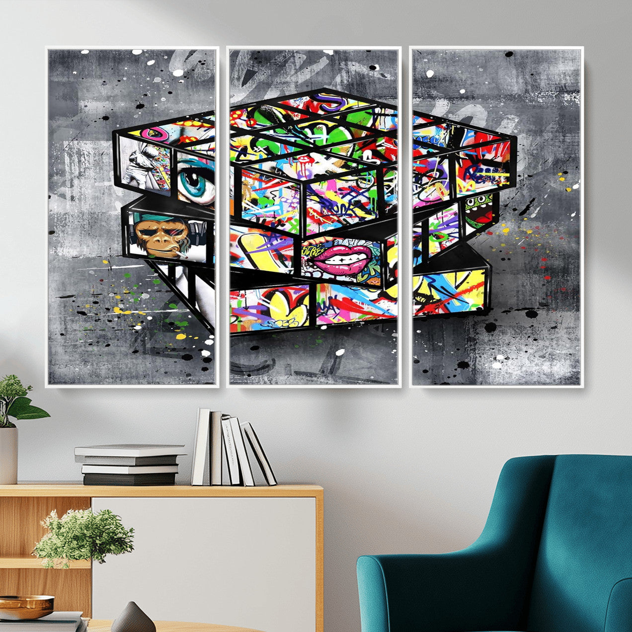 46789556-MGV-CV-36X24 - Graffiti Cube Abstract Street Art Wall Art Canvas Print, Colorful Urban Pop Art Geometric Canvas Print, Modern Street Art Contemporary Art Printing