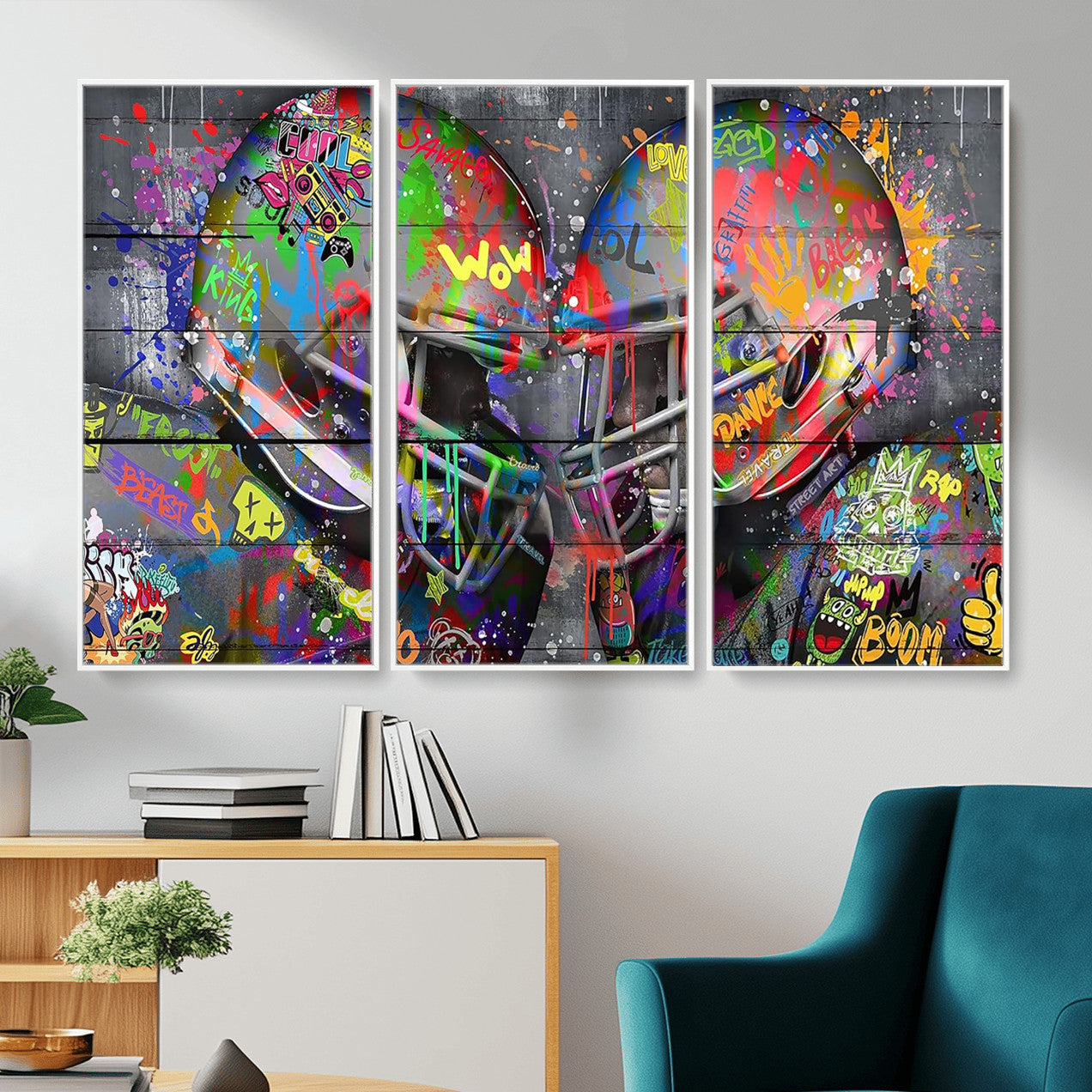 15309853-MGV-CV-36X24 - Graffiti Football Helmets Wall Art Canvas Print, Urban Street Art Sports Decor, Colorful American Football Graffiti Artwork