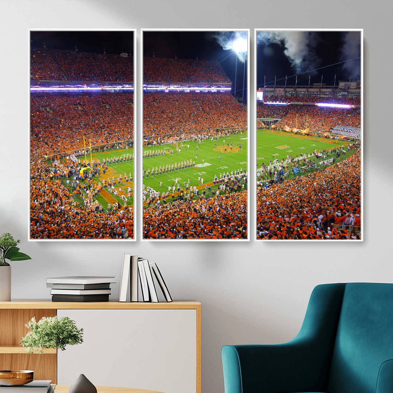 43662631-MGV-CV-36X24 - Clemson Football Stadium Wall Art Canvas Print, College Football Crowd Night Game Scene, Orange Stadium Panorama Wall Decor