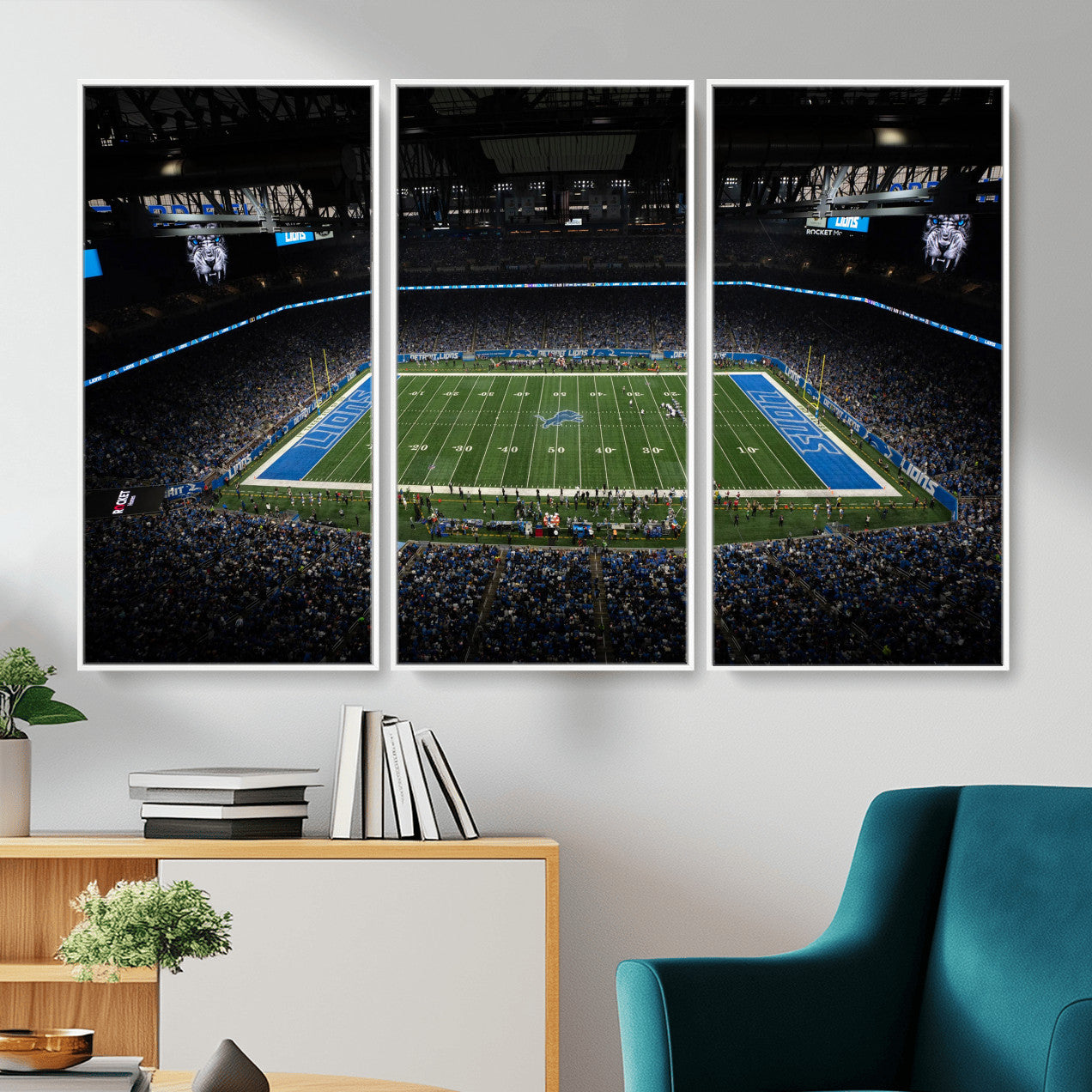 16709602-MGV-CV-36X24 - Detroit Lions Stadium Wall Art Canvas Print, Football Field Panorama Artwork, NFL Game Night Stadium Decor