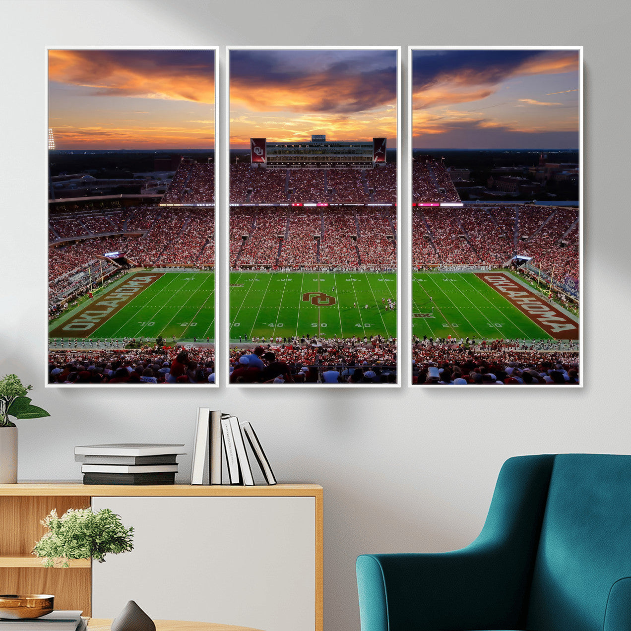 51457497-MGV-CV-36X24 - Oklahoma Sooners Stadium Wall Art Canvas Print, College Football Sunset Game Scene, OU Football Field Panorama Wall Decor