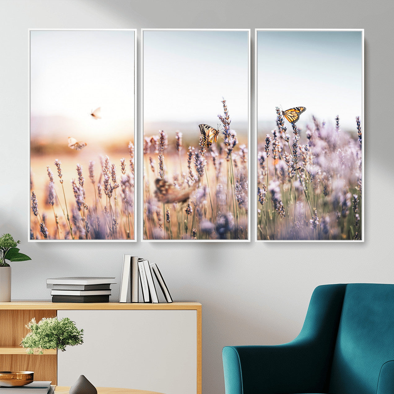 46417478-MGV-CV-36X24 - Lavender Field Wall Art Canvas Print, Butterfly Floral Landscape Art, Soft Nature Wall Decor for Bedroom
