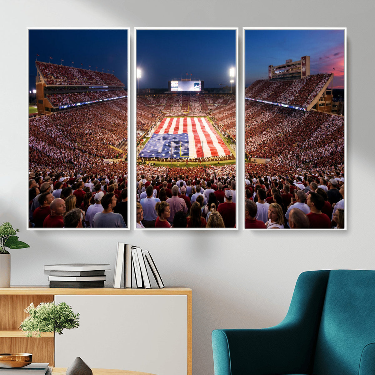 59917418-MGV-CV-36X24 - Oklahoma Memorial Stadium Wall Art Canvas Print – Oklahoma Sooners Football Artwork for Home, Office, and Sports Room Decor