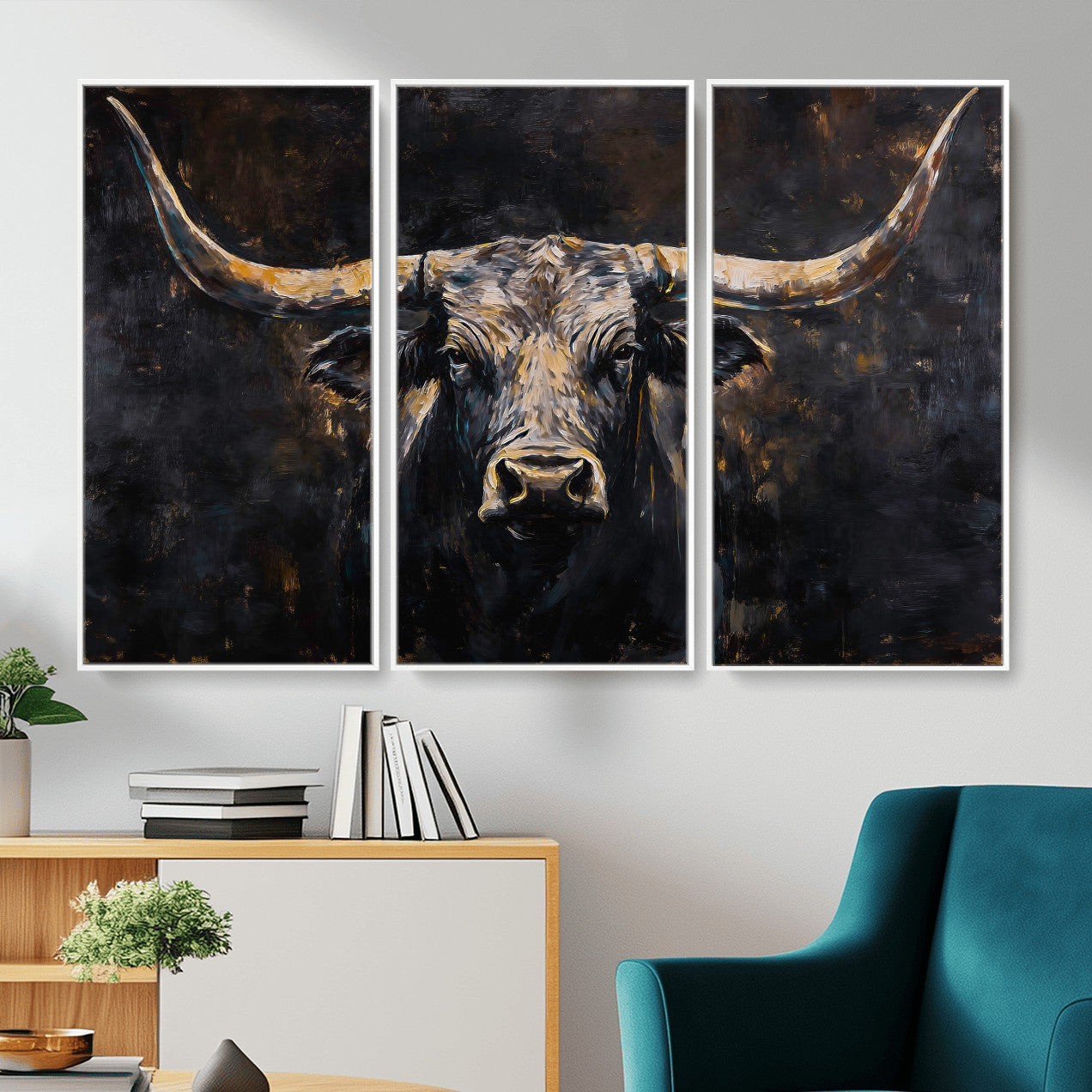 17622011-MGV-CV-36X24 - Abstract Longhorn Bull Wall Art Canvas Print – Dark Rustic Western Cattle Artwork for Farmhouse, Ranch, Cabin, and Office Decor