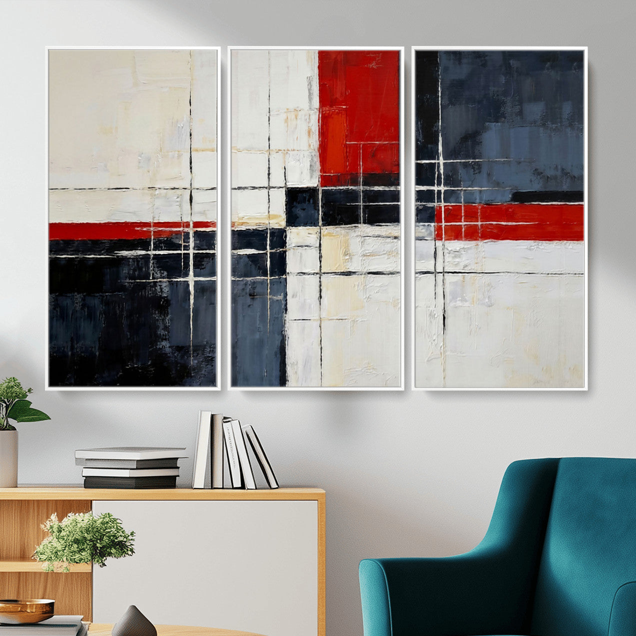 44088165-MGV-CV-36X24 - Navy Red Abstract Wall Art Canvas Print, Modern Luxury Geometric Painting Wall Decor for Living Room and Office
