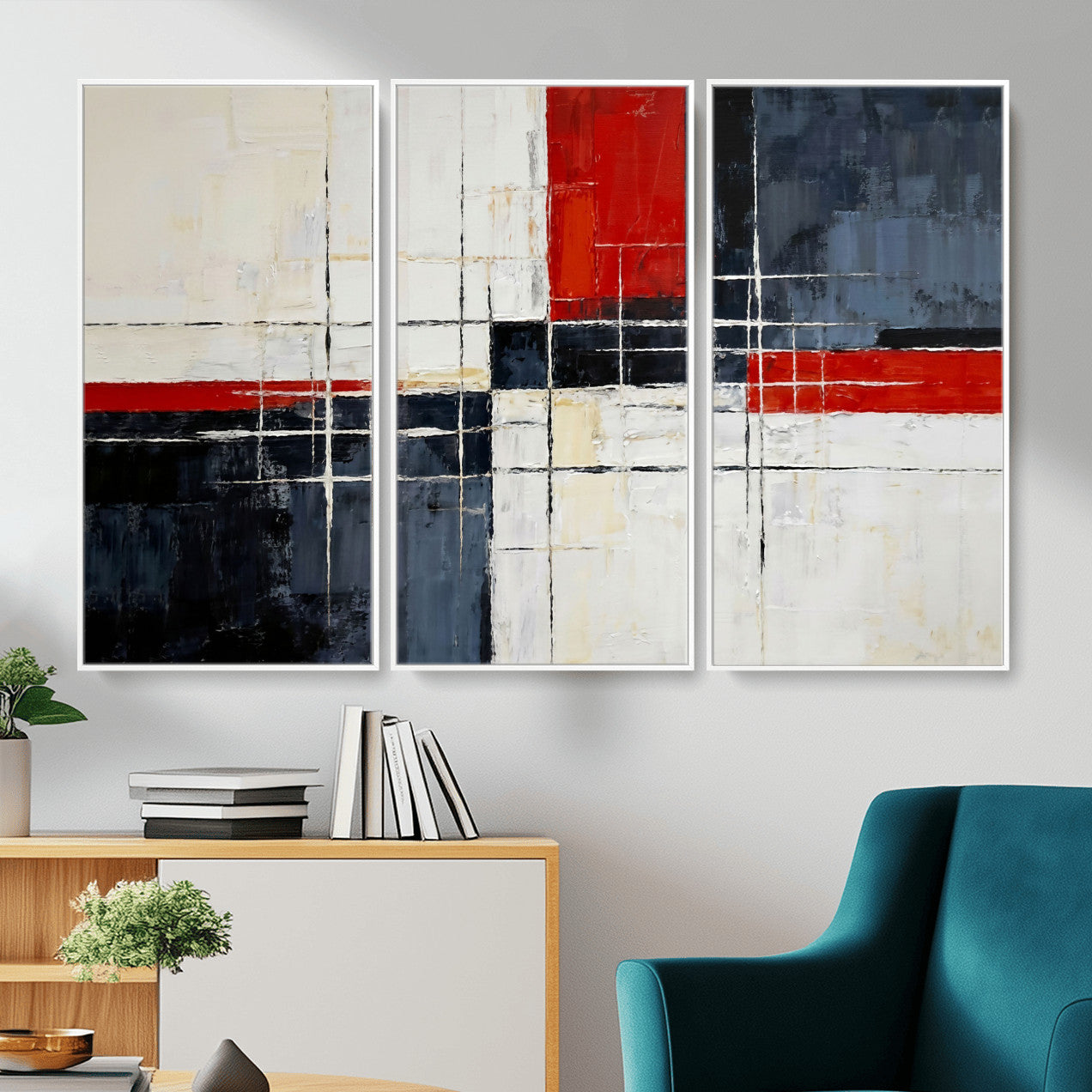 11921181-MGV-CV-36X24 - Navy Red Abstract Wall Art Canvas Print, Modern Luxury Geometric Painting Wall Decor for Living Room and Office